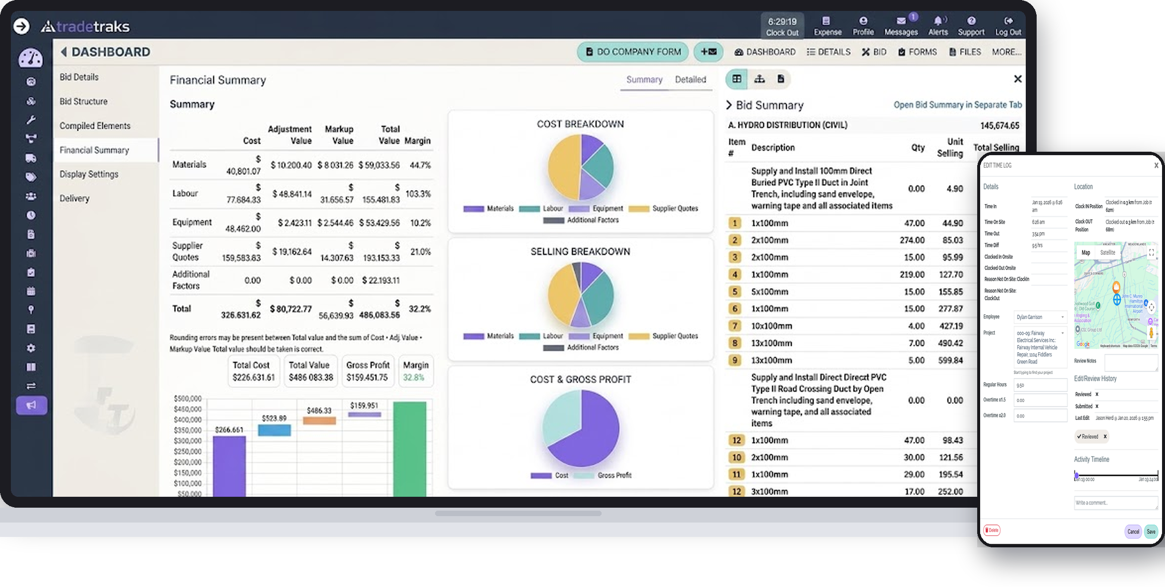Tradetraks financial summary dashboard with cost, selling and gross profit breakdowns, alongside the mobile time log app